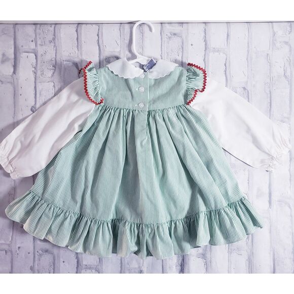 Vintage 80's Baby Girls Green Stripe Dress With Hearts - Picture 3 of 6